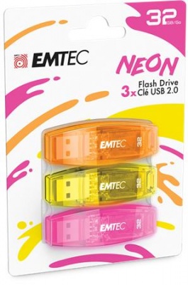 Pendrive, 32GB, 3 db, USB 2.0, EMTEC "C410 Neon", narancs, citromsárga, rózsaszín